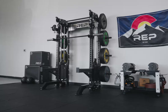 Video of Metallic Black Front Foot Extension Pair 2.0 in use on REP branded power rack